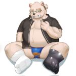  aipangpangdeyua anthro bear belly blush bone bone_in_mouth bulge clothing eyewear footwear fur glasses hair hi_res jacket leib_(tas) lifewonders male mammal mismatched_socks musclegut overweight pecs polar_bear ponytail socks solo speedo swimwear tokyo_afterschool_summoners topwear ursine white_body white_fur 