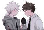  2boys ahoge anger_vein black_gloves black_necktie boleum_(dgrpluna) brown_hair collared_shirt danganronpa_(series) danganronpa_2:_goodbye_despair gloves grey_hair grey_jacket hand_up hinata_hajime holding_another&#039;s_wrist hood hood_down hooded_jacket jacket komaeda_nagito male_focus multiple_boys necktie ponytail profile red_eyes shirt short_hair simple_background smile teeth white_background 