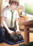  1boy bed bedroom black_bag black_pants blush brown_hair chair closed_mouth curtains desk ensemble_stars! green_necktie highres kindo kindo_(quindo_e) morisawa_chiaki necktie pants red_eyes shirt solo stuffed_animal stuffed_carrot stuffed_cat stuffed_toy table white_shirt 