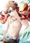  1boy absurdres black_male_swimwear brown_hair ensemble_stars! highres jewelry kindo kindo_(quindo_e) male_swimwear morisawa_chiaki muscular muscular_male navel necklace red_eyes red_shirt shirt short_hair solo sunglasses topless_male water_drop 
