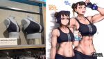  2girls abs black_hair black_sports_bra breast_conscious breasts chun-li cleavage double_bun english_text eyewear_on_head fingerless_gloves gloves hair_bun headphones hershuar highres large_breasts li-fen medium_support_(meme) meme milk_carton multiple_girls muscular muscular_female navel small_breasts sports_bra stomach street_fighter street_fighter_6 sweat triple_vertical_stripe wiping_forehead 