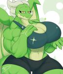  2022 2023 abs anthro ari_(dreamerknight) big_breasts big_muscles bottomwear breasts cel_shading cleavage clothed clothing digital_media_(artwork) dragon dreamerknight eyelashes female green_body green_scales gym_clothing hand_on_breast hi_res horn huge_biceps huge_muscles huge_thighs looking_at_viewer membrane_(anatomy) membranous_wings muscular muscular_thighs orange_eyes scales scalie shaded shorts thick_thighs wings 