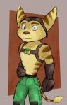  abstract_background absurd_res anthro brown_body brown_fur clothed clothing digital_media_(artwork) fur gloves handwear harness hat headgear headwear hi_res lombax looking_at_viewer male mammal portrait ratchet ratchet_and_clank smile solo sony_corporation sony_interactive_entertainment stripes tail tail_tuft tuft tuubi 
