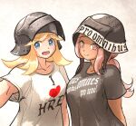  2girls :d black_shirt blonde_hair breasts closed_mouth clothes_writing collarbone english_text green_eyes grey_background helmet highres i_heart... ironlily large_breasts latin_text long_hair multiple_girls open_mouth original pink_hair ponytail shirt short_sleeves smile translation_request upper_body visor_(armor) visor_lift white_shirt 