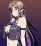  1girl asuna_(sao) bare_shoulders braid breasts brown_hair cleavage closed_mouth demon_girl demon_wings ear_armor earrings jewelry large_breasts long_hair multicolored_background navel pointy_ears puge red_eyes see-through shiny_clothes solo stomach sword_art_online upper_body wings 