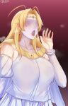  1girl artist_name bare_shoulders blonde_hair breasts collarbone detached_sleeves earrings gradient_background hand_up highres jewelry juliet_sleeves kairos+ large_breasts long_hair long_sleeves oral_invitation parted_bangs puffy_sleeves red_background ring saliva shiny_skin shirt shy_(series) solo tongue tongue_out uni-lord upper_body white_shirt 