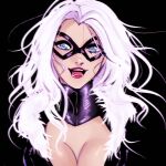  1girl black_cat_(marvel) blue_eyes breasts cleavage domino_mask felicia_hardy fur_collar highres large_breasts lipstick long_hair makeup marvel mask messy_hair open_mouth ryutatchi solo white_hair 