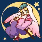  1boy blonde_hair blue_eyes crescent flute geta hakama highres holding holding_instrument instrument japanese_clothes lou_pender male_focus mask mask_on_head music on_crescent ookami_(game) playing_instrument purple_hakama sitting socks solo star_(sky) sword tengu-geta tengu_mask ushiwakamaru_(ookami) weapon white_socks wide_sleeves 