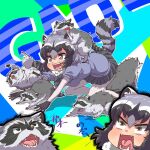  animal_humanoid arai-san biped black_nose clothed clothing feral fur grey_body grey_fur group humanoid humanoid_hands kemono_friends mammal mammal_humanoid procyonid procyonid_humanoid raccoon raccoon_humanoid simple_background text umikazenet3 