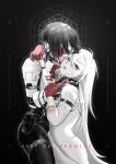 2girls absurdres android ariane_yeong black_hair blood closed_eyes cyberpunk elster_(signalis) highres injury joints kiss kissing_cheek looking_at_viewer mechanical_parts multiple_girls robot_joints science_fiction signalis spoilers too_many_bandaids yuri 