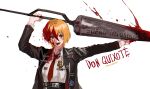  arms_up badge bangs black_jacket blonde_hair blood blood_in_hair blood_on_clothes blood_on_face blood_on_hands blood_on_weapon brown_eyes character_name copyright_name crossed_bangs don_quixote_(limbus_company) dress_shirt english_text hair_between_eyes high-waist_pants highres holding holding_polearm holding_weapon jacket lance limbus_company long_sleeves looking_at_viewer loose_necktie necktie open_clothes open_jacket open_mouth outstretched_arm pants pineapple6huza polearm project_moon red_necktie shirt short_hair smile spanish_text upper_body weapon white_background 