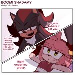  2023 amy_rose anthro blush clothing comic dialogue duo english_text eulipotyphlan female gloves handwear hedgehog hi_res kumo_zd male male/female mammal narrowed_eyes open_mouth open_smile sega shadow_the_hedgehog signature simple_background smile sonic_boom sonic_the_hedgehog_(series) text tuft unimpressed white_background 