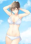  1girl armpits arms_up bikini breasts brown_hair character_request cleavage closed_eyes collarbone copyright_request large_breasts mono_lith navel outdoors ponytail solo swimsuit thigh_gap wet wet_hair white_bikini 