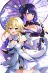  2girls blonde_hair blush breasts cleavage dress flower genshin_impact hair_flower hair_ornament highres holding holding_umbrella hyurasan large_breasts long_hair looking_at_viewer lumine_(genshin_impact) medium_breasts mole mole_under_eye multiple_girls parasol purple_eyes purple_hair raiden_shogun simple_background smile umbrella v white_background yellow_eyes 