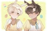  2boys ag_(ag_nkfg) animal_ears blonde_hair blush brown_hair commentary easter easter_egg egg hair_between_eyes heart highres looking_at_viewer male_focus multiple_boys orange_eyes original otoko_no_ko parted_lips puffy_short_sleeves puffy_sleeves rabbit_boy rabbit_ears shirt short_sleeves simple_background smile upper_body 