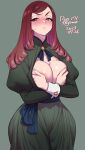  1girl agawa_ryou blush breasts curvy dress grabbing_own_breast grey_background large_breasts long_hair long_sleeves looking_at_viewer original red_eyes red_hair simple_background solo wide_hips 