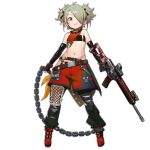  1girl ahoge animal_print assault_rifle bandana bare_shoulders belt black_gloves black_panties black_pants black_tube_top boots breasts chain chain_necklace chained collar earrings fingerless_gloves fishnet_thighhighs fishnets full_body girls&#039;_frontline gloves green_eyes grey_hair grin gun gun_decal hair_over_one_eye heart heart_earrings holding holding_chain holding_gun holding_weapon jewelry layered_clothes llama_print looking_at_viewer midriff multicolored_hair multiple_belts navel necklace official_art orange_bandana panties pants red_footwear red_shorts rifle scar_on_hip short_hair short_twintails shorts sig-556_(girls&#039;_frontline) sig_sauer_556 simple_background single_fingerless_glove skindentation small_breasts smile solo standing stomach strapless streaked_hair thighhighs torn_cloth transparent_background tube_top twintails underwear waterkuma weapon x_x 