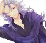  1boy black_shirt collarbone collared_shirt fate/grand_order fate_(series) hair_between_eyes long_hair looking_at_viewer male_focus merlin_(camelot_&amp;_co)_(fate) merlin_(fate) mfmfank official_alternate_costume purple_eyes purple_hair purple_scarf scarf shirt simple_background smile solo very_long_hair white_background 