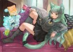  1girl absurdres animal_ears arknights black_ribbon black_skirt buchi0122 cameo candy cat_ears cat_girl cat_tail couch food food_in_mouth green_eyes green_hair grey_socks grey_sweater_vest harmonie_(arknights) highres indoors infection_monitor_(arknights) layered_sleeves lollipop long_hair long_sleeves looking_at_viewer mouth_hold neck_ribbon pillow pleated_skirt reclining reed_(arknights) reed_the_flame_shadow_(arknights) ribbon shirt skirt socks solo sweater_vest tail tail_ornament tail_ring very_long_hair water white_shirt 