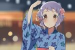  1girl bag bagged_fish blue_kimono blurry blurry_background blush clenched_hand commentary_request dot_nose expressionless fish floral_print flower hair_flower hair_ornament hand_up idolmaster idolmaster_million_live! japanese_clothes kimono long_sleeves looking_at_another makabe_mizuki mochigome_(ununquadium) night outdoors print_kimono purple_hair red_sash sash short_hair sidelocks summer_festival upper_body wavy_hair yellow_eyes yukata 