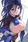  1girl black_corset black_hair blue_hair blue_headwear blush breasts cape cleavage clorinde_(genshin_impact) corset feathers genshin_impact gloves hat hat_feather large_breasts long_hair looking_at_viewer purple_eyes solo tomas_(kaosu22) tricorne uniform variations white_background white_gloves 