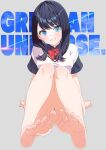  1girl absurdres arms_behind_back bare_legs barefoot black_hair black_shirt blue_eyes blush bow bowtie breasts commentary_request convenient_leg copyright_name feet foreshortening full_body godai_01 grey_background gridman_universe highres knees_up legs_together long_hair looking_at_viewer medium_breasts red_bow red_bowtie school_uniform shadow shirt short_sleeves sidelocks sitting soles solo spread_toes ssss.gridman swept_bangs takarada_rikka teeth toenails toes 