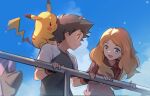  1boy 1girl ash_ketchum black_gloves blonde_hair blue_eyes blurry brown_hair closed_mouth cloud day diancie fingerless_gloves from_below gloves highres holding long_sleeves looking_down mixed-language_commentary outdoors pikachu podayo_po pokemon pokemon_(anime) pokemon_(creature) pokemon_xy_(anime) raglan_sleeves serena_(pokemon) shirt short_hair sky smile t-shirt 