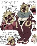  absurd_res anthro balls blonde_hair boyclussy brown_body brown_fur bulge chubby_anthro chubby_gynomorph clothing crop_top english_text flaccid foreskin fur genitals gynomorph hair hair_over_eye half-closed_eyes hi_res humanoid_genitalia humanoid_penis hyena intersex mammal model_sheet narrowed_eyes one_eye_obstructed open_mouth open_smile pawpads paws penis pubes red_pawpads sam_(boyclussy) sharp_teeth shirt slightly_chubby smile solo teeth text thick_thighs thong topwear trans_(lore) trans_woman_(lore) underwear white_body white_fur wide_hips 