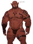  1boy abs arm_belt bald bara beard bikini_briefs bulge dark_skin dsharp facepaint facial_hair frown garrosh_hellscream highres large_pectorals leg_belt male_focus male_underwear mature_male monster_boy muscular muscular_male navel nipples orc pectorals piercing pointy_ears solo sparse_navel_hair stomach strongman_waist thick_eyebrows thick_thighs thighs topless_male tsurime tusks underwear warcraft world_of_warcraft 