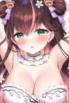  1girl armpit_crease armpits arms_up ayamy bandaid bandaid_on_arm bite_mark bite_mark_on_breast blush breasts brown_hair cleavage earrings flower flower_earrings green_eyes hair_flower hair_ornament hanamori_healthy highres indie_virtual_youtuber jewelry large_breasts long_hair looking_at_viewer melty+ on_bed open_mouth pill_hair_ornament raccoon_hair_ornament solo virtual_youtuber 
