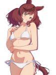  1girl animal_ears bikini breasts brown_eyes brown_hair cowboy_shot highres horse_ears horse_girl horse_tail looking_at_viewer medium_breasts medium_hair multicolored_hair nice_nature_(umamusume) side-tie_bikini_bottom simple_background solo streaked_hair swimsuit tail twintails umamusume wa_(wamizest7) white_background white_bikini 