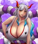  1girl absurdres blue_hair blush breasts cleavage earrings erkaz gigantic_breasts hair_ornament hair_stick hand_on_own_hip highres horns japanese_clothes jewelry long_hair looking_at_viewer multicolored_hair one_piece rope_belt solo two-tone_hair upper_body veins veiny_breasts white_hair yamato_(one_piece) yellow_eyes 