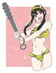  1girl animal_print bare_arms bare_shoulders bikini black_hair blush border breasts club_(weapon) cosplay cowboy_shot cropped_legs dated earrings fake_horns gold_earrings hair_between_eyes highres holding_club horned_headwear horns jewelry long_hair looking_at_viewer lum lum_(cosplay) medium_breasts midriff navel open_mouth pink_background print_bikini print_hairband red_eyes sidelocks smile solo sparkle spiked_club spy_x_family strapless strapless_bikini swimsuit takehide tiger_print twitter_username weapon white_border yellow_bikini yor_briar 