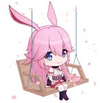  1girl animal_ears bangs bare_shoulders blue_eyes chibi closed_mouth fox fox_ears fox_mask full_body highres honkai_(series) honkai_impact_3rd japanese_clothes kimono long_hair looking_at_viewer mask miko nontraditional_miko obi petals pink_hair purple_footwear qi_mayi_qu_kan_dahai sash seesaw short_kimono simple_background sitting smile solo thighhighs white_background white_kimono white_sleeves white_thighhighs yae_sakura yae_sakura_(gyakushinn_miko) 