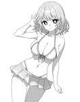  1girl bare_arms bare_legs bare_shoulders bikini breasts cleavage closed_mouth collarbone commentary cowboy_shot greyscale large_breasts looking_at_viewer monochrome navel onkn_sxkn short_hair simple_background smile solo swimsuit tatara_kogasa touhou white_background 