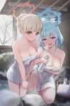  2girls absurdres aqua_hair armpit_crease bare_legs bare_shoulders bare_tree blonde_hair blue_archive blue_eyes blush breasts cleavage closed_mouth collarbone commentary_request gradient_eyes hair_bun halo heavy_breathing highres looking_at_viewer medium_breasts multicolored_eyes multiple_girls naked_towel nodoka_(blue_archive) nose_blush onafuku onsen open_mouth outdoors purple_eyes red_eyes shigure_(blue_archive) single_hair_bun smile snow snowing tokkuri towel tree white_towel 