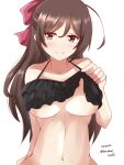  1girl bikini bikini_top_lift black_bikini blush bow breasts brown_hair clothes_lift dated frilled_bikini frills hair_bow highres kantai_collection large_breasts lifted_by_self long_hair looking_at_viewer mamiya_(kancolle) navel official_alternate_costume one-hour_drawing_challenge red_bow sawatani_(chevalier_04056) smile solo swimsuit twitter_username underboob upper_body 