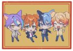  4boys :p animal_ears aoyagi_touya aqua_hair belt black_belt black_footwear blazer blonde_hair blue_eyes blue_hair blue_pants brown_footwear cardigan cat_boy cat_ears claw_pose closed_eyes closed_mouth collared_shirt commentary_request dark_blue_hair diagonal-striped_necktie dog_boy dog_ears dot_nose drawstring earrings facing_viewer fang full_body gradient_hair green_eyes grey_cardigan hand_up hands_up jacket jewelry kamishiro_rui kamiyama_high_school_uniform_(project_sekai) lapels long_hair looking_at_viewer male_focus multicolored_hair multiple_boys notched_lapels open_clothes open_jacket open_mouth orange_hair pants paw_pose project_sekai purple_hair school_uniform shinonome_akito shirt sleeves_rolled_up so17p split-color_hair streaked_hair tenma_tsukasa tongue tongue_out two-tone_hair very_long_hair yellow_cardigan yellow_eyes 