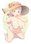  1girl artist_name bikini blunt_bangs blush braid breasts cleavage clenched_hand closed_eyes closed_mouth cloudxmoe collarbone english_commentary english_text eyepatch_bikini facing_viewer flower full_body green_background hat hat_flower head_tilt highres jasminka_antonenko kneeling large_breasts little_witch_academia long_hair navel pink_hair plump shadow simple_background skindentation smile solo straw_hat string_bikini swimsuit tareme thick_arms thick_thighs thighs v white_background white_bikini 