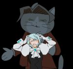  1boy 1girl ace_attorney animalization ascot black_background black_vest blue_hair cat closed_eyes franziska_von_karma frustrated grey_hair hands_on_own_head hands_up jacket juliet_sleeves kui_523 long_sleeves meme miles_edgeworth open_mouth puffy_sleeves red_jacket scratching_head shigoto_neko shirt short_hair smile sweatdrop v-shaped_eyebrows vest white_shirt 