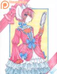  2016 ailurid anthro bow_(feature) cardcaptor_sakura choker clothed clothing crossdressing crown dress eyebrow_through_hair eyebrows frilly frilly_clothing frilly_dress front_view hair headgear hi_res holding_mirror holding_object jewelry looking_at_mirror looking_at_object malachyte male mammal mirror multicolored_clothing necklace open_mouth pink_nose portrait red_body red_clothing red_dress red_hair red_panda short_hair solo standing three-quarter_portrait translucent translucent_hair two_tone_clothing white_clothing white_dress white_ears 