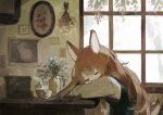  1girl absurdres animal animal_ears book book_stack bowl brown_hair commentary crossed_arms flower hanging_plant highres long_hair long_sleeves original painting_(object) picture_frame plant plate potted_plant rabbit rabbit_ears rabbit_girl rabbit_tail sakutake_(ue3sayu) shirt sleeping sleeping_on_desk solo symbol-only_commentary tail window 