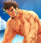  1boy bara beach brown_hair cover cover_page cross_scar doujin_cover facial_hair flaming_eye flaming_eyes goatee heracles_(housamo) karakuraax large_pectorals leaning_forward looking_at_viewer male_focus mature_male muscular muscular_male mutton_chops nipples nude ocean out-of-frame_censoring pectorals scar scar_on_chest seductive_smile short_hair sideburns smile solo textless_version tokyo_afterschool_summoners upper_body veins veiny_arms water wet yarofes:2023 