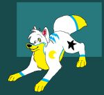  2011 aliasing ambiguous_gender black_nose blue_body blue_fur bluekyokitty canid canine canis digital_drawing_(artwork) digital_media_(artwork) digitigrade eyebrows feral flat_colors fur head_tuft low_res mammal markings moon_(marking) paws pink_inner_ear play_bow play_bow_pose sebdoggo simple_background smile solo star_marking tail teal_background tuft white_body white_fur wolf yellow_body yellow_eyes yellow_fur 