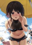  4girls :o alternate_costume aqua_(konosuba) arm_behind_back ball beach beachball bikini black_bikini black_tank_top blush breasts brown_hair cloud collarbone contemporary darkness_(konosuba) frilled_bikini frills hair_bun highres izawa_(bhive003) komekko kono_subarashii_sekai_ni_shukufuku_wo! large_breasts looking_at_another looking_at_viewer megumin mismatched_bikini motion_blur multiple_girls navel outdoors parasol pov red_eyes red_sarong sarong short_hair single_hair_bun small_breasts stomach swimsuit tank_top thigh_gap umbrella 