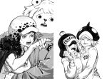  4girls :d ^_^ bear bepo clenched_hand closed_eyes coat coat_on_shoulders genderswap genderswap_(mtf) gloves greyscale hat hat_over_eyes hug jumpsuit jyukawa meme monochrome multiple_girls one_piece open_mouth orca_hat parody penguin_(one_piece) penguin_hat pointing pointing_at_another polar_bear shachi_(one_piece) short_hair smile tank_top tattoo trafalgar_law woman_yelling_at_cat_(meme) 