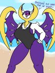  anthro anthrofied bat big_breasts breasts butt clothed clothing digital_media_(artwork) enderbendr eyeshadow female generation_7_pokemon legendary_pokemon looking_at_viewer lunala makeup mammal nintendo pokemon pokemon_(species) purple_body simple_background smile solo swimwear text thick_thighs wings 