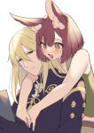  1boy 1girl :d animal_ears bare_arms black_gloves blonde_hair blush book brown_hair calm_mashiro gloves green_eyes hair_between_eyes hetero hound_(sekaiju) hound_2_(sekaiju) hug hug_from_behind long_hair orange_eyes rabbit_ears sekaiju_no_meikyuu sekaiju_no_meikyuu_5 short_hair smile warlock_(sekaiju) warlock_3_(sekaiju) 