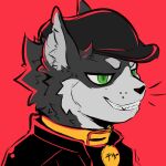  anthro baal_sylva bite bite_mark clothing collar colored_sketch domestic_cat ear_bite felid feline felis green_eyes half-closed_eyes headgear headwear hi_res japanese_text male mammal medallion narrowed_eyes simple_background sketch smile solo terryskaii_(artist) text whiskers 