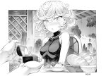  1girl blush bottle bread breasts cup curly_hair dress drinking_glass food greyscale jewelry mogudan monochrome necklace one-punch_man pearl_necklace proposal restaurant ring salad short_hair sleeveless sleeveless_dress small_breasts surprised tatsumaki wine_bottle wine_glass 